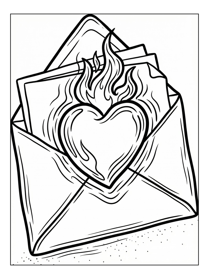 Coloring page of Flaming Heart Inside Envelope