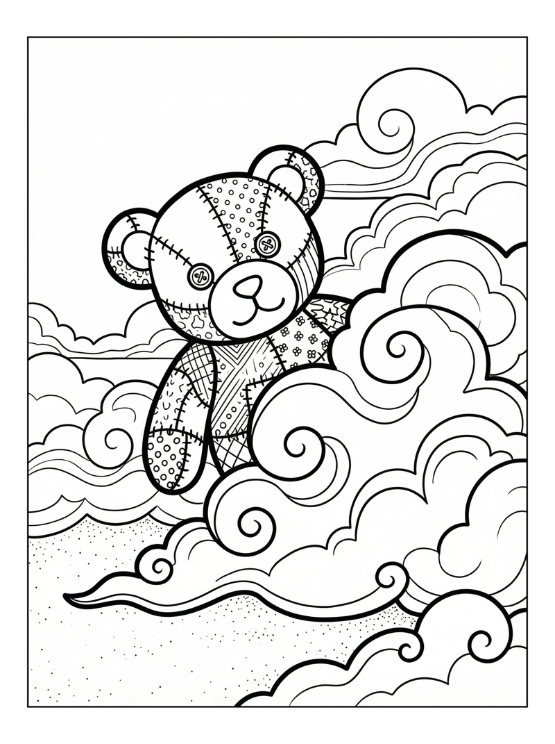 Patchwork Teddy Bear Peeking From Clouds