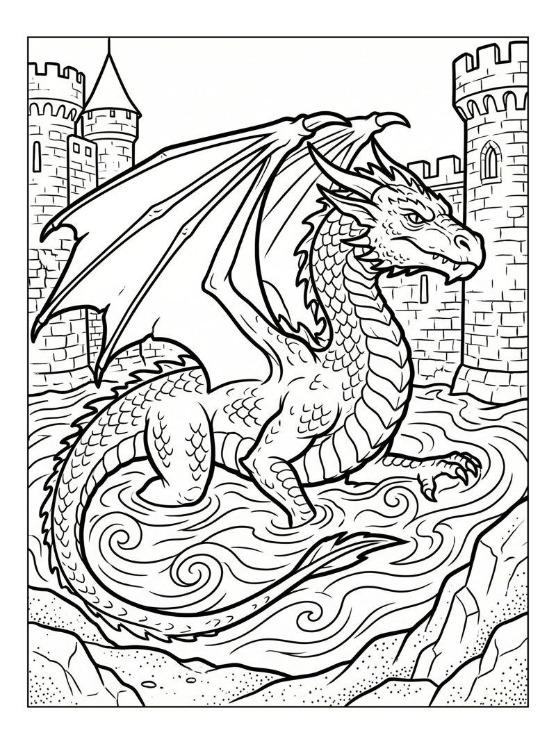 Western Dragon Swimming By Stone Castle