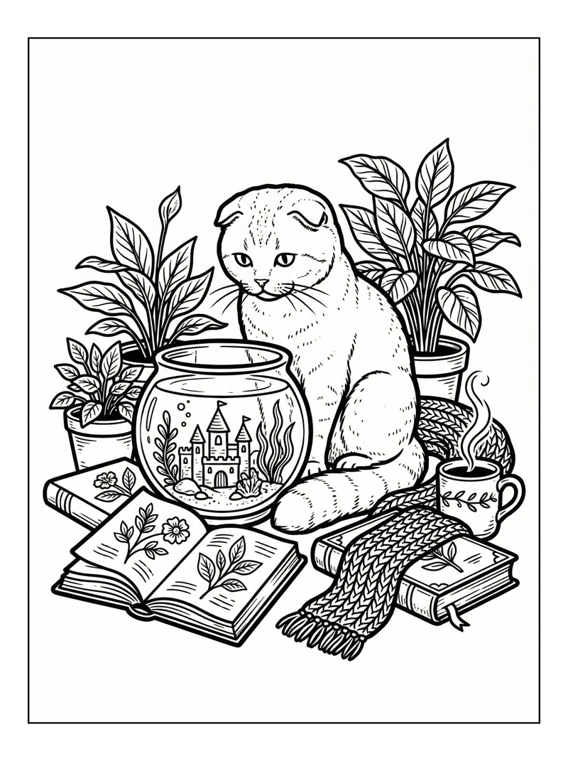 Scottish Fold Cat Looks Into Fishbowl Castle