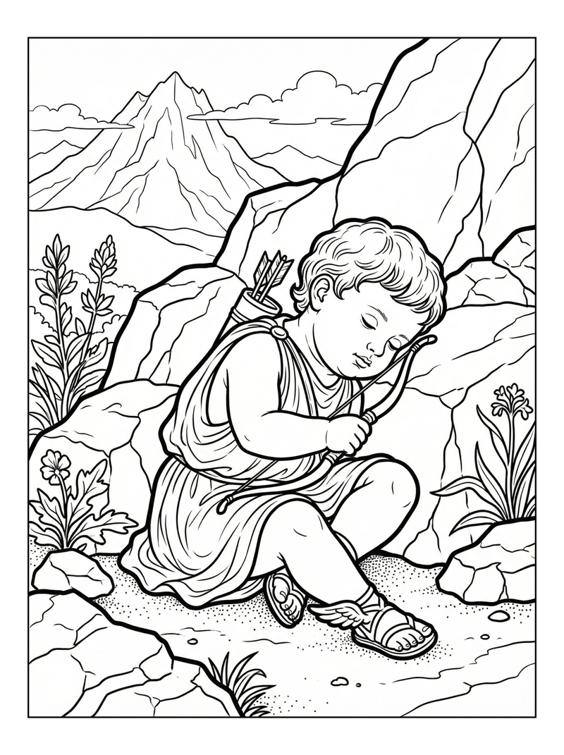 Toddler Cupid Resting By Mount Olympus