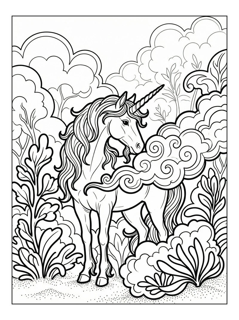 Unicorn Stands Amidst Clouds And Plants