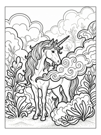 Unicorn Stands Amidst Clouds And Plants
