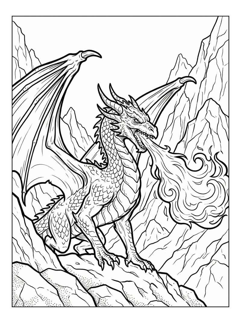 Western Dragon Breathing Fire Mountain Peak