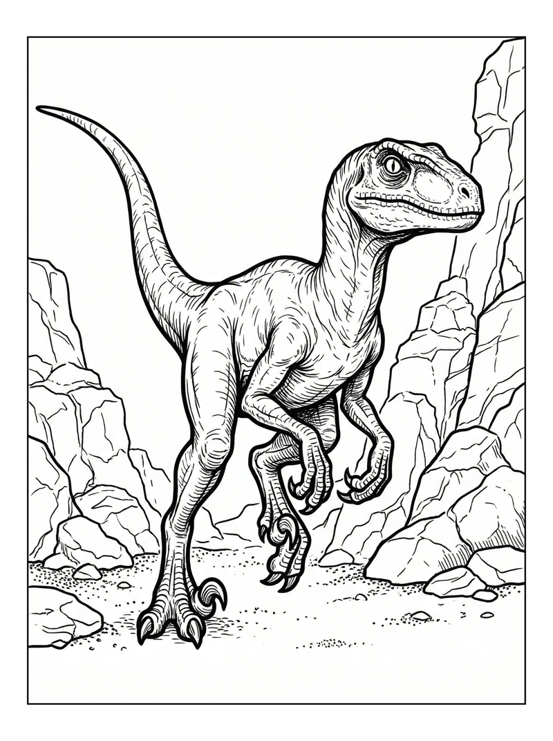 Velociraptor Running Among Rocky Outcrop