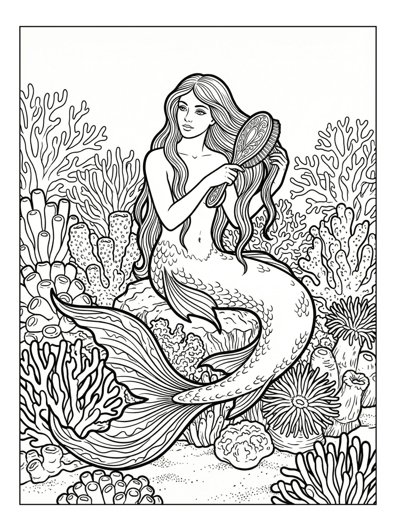 Mermaid Brushing Hair In Coral Reef