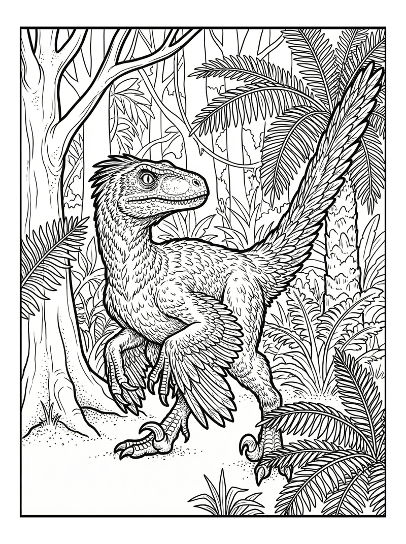 Feathered Velociraptor Hunting In Jungle