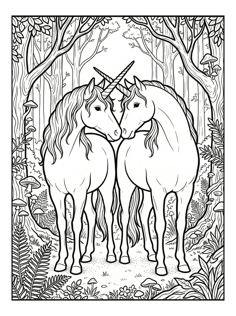 Twin Unicorns Nuzzling In Forest