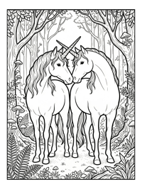 Twin Unicorns Nuzzling In Forest