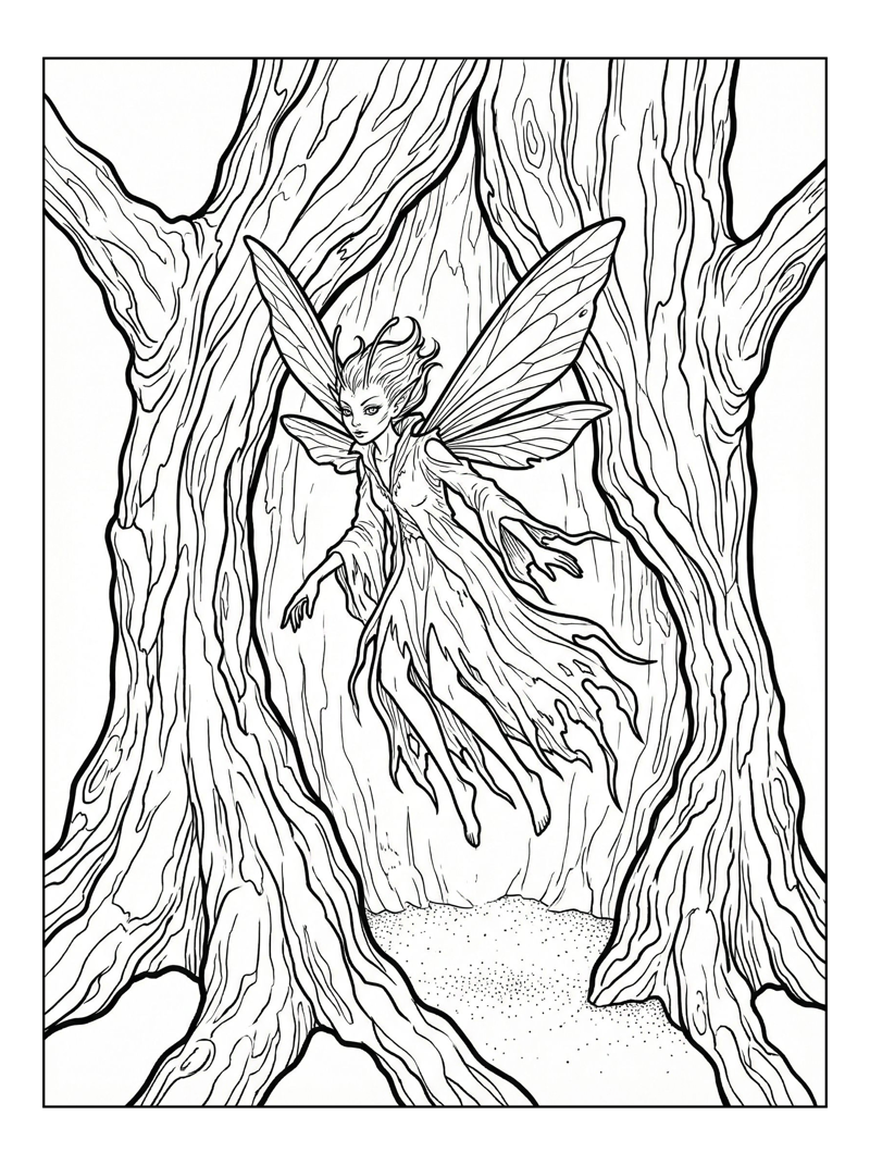 Curious Sprite Hovering Hollow Tree