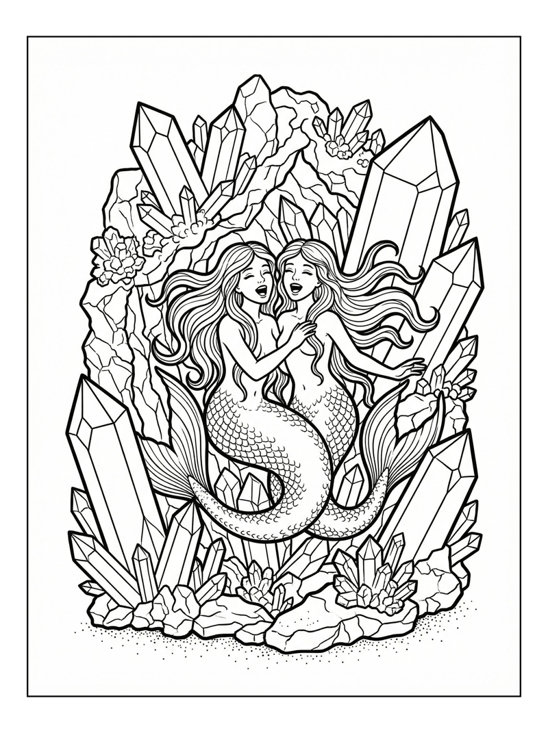 Twin Mermaids Singing In Crystal Grotto