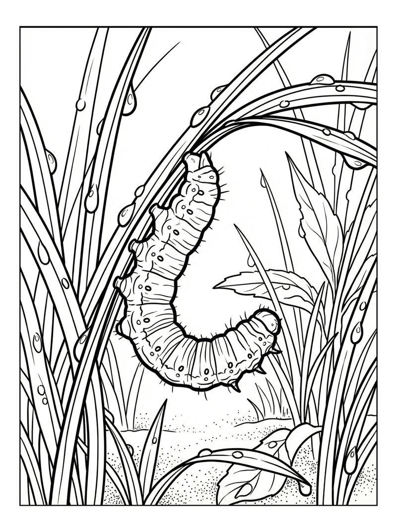 Cabbage White Caterpillar On Dewy Grass