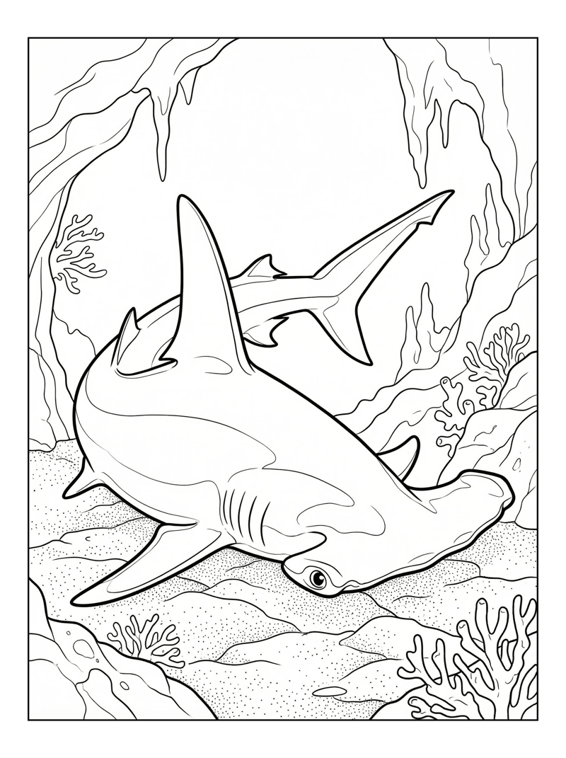 Hammerhead Shark Resting In Underwater Cave