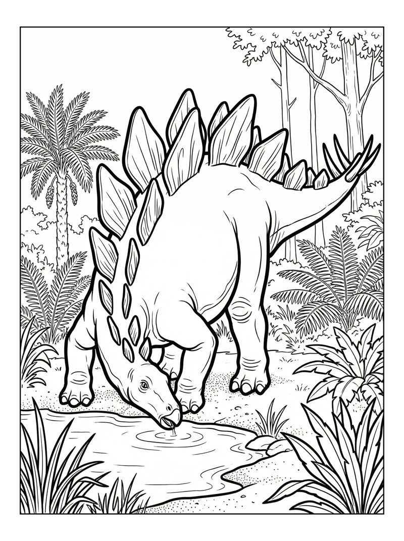 Stegosaurus Drinking In Jungle Clearing
