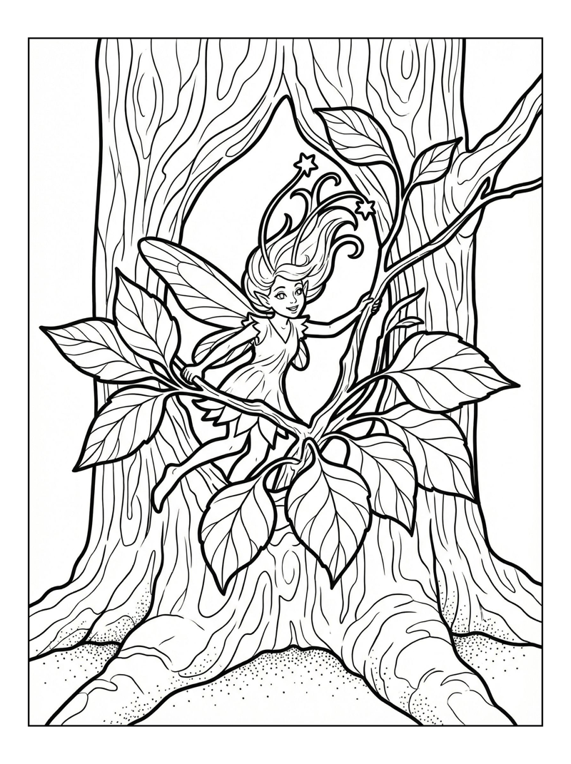 Star Fairy Peeking Through Leaves Tree Trunk