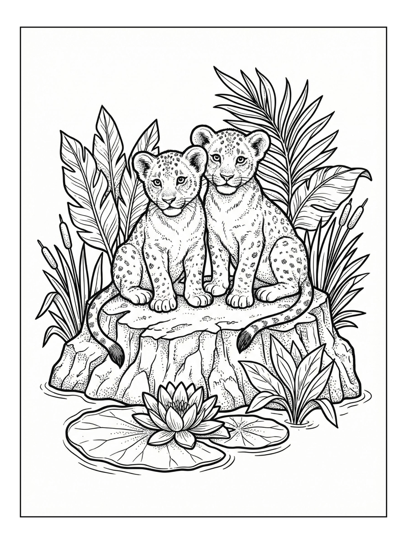 Young Lions Sit On Rock Watering Hole
