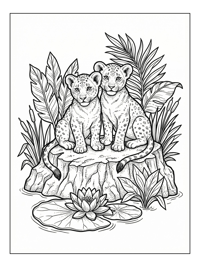 Young Lions Sit On Rock Watering Hole