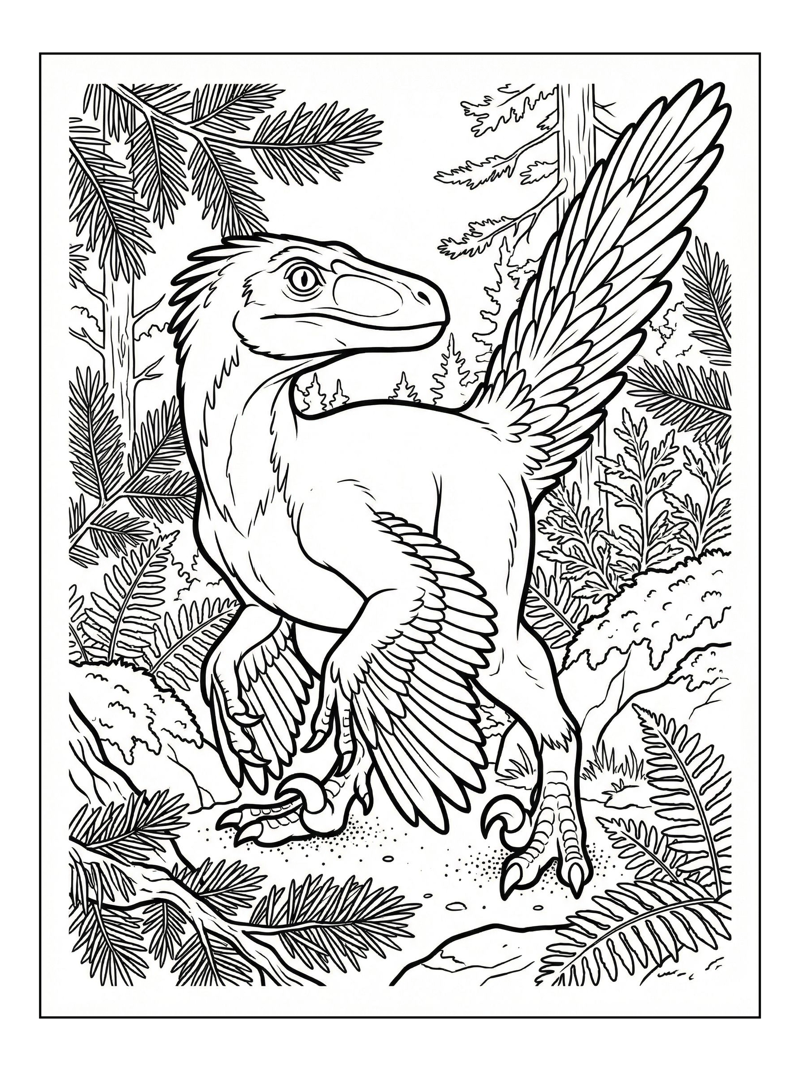 Feathered Velociraptor Crouching In Woodland