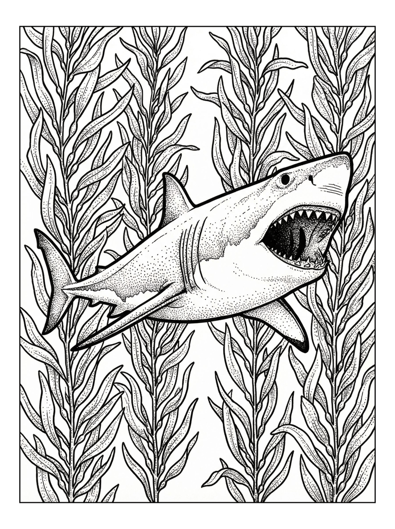 Great White Shark Swims Through Kelp