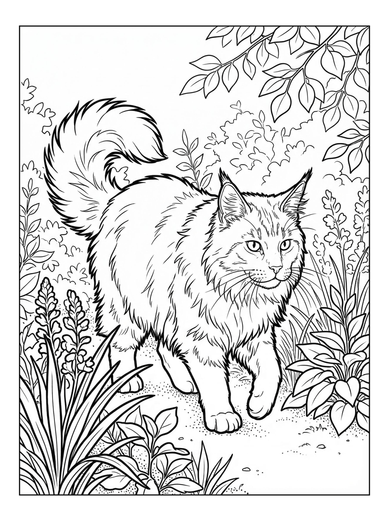Maine Coon Cat Exploring In Garden