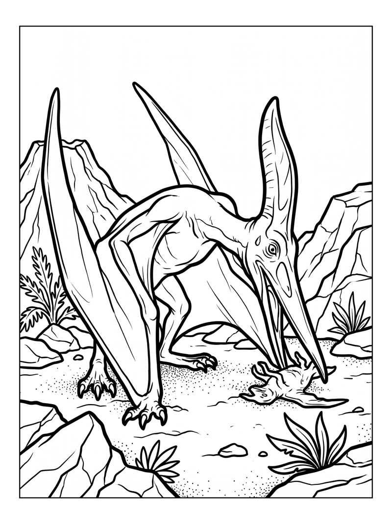Crested Pterodactyl Feeding Volcanic Landscape