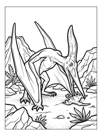 Crested Pterodactyl Feeding Volcanic Landscape