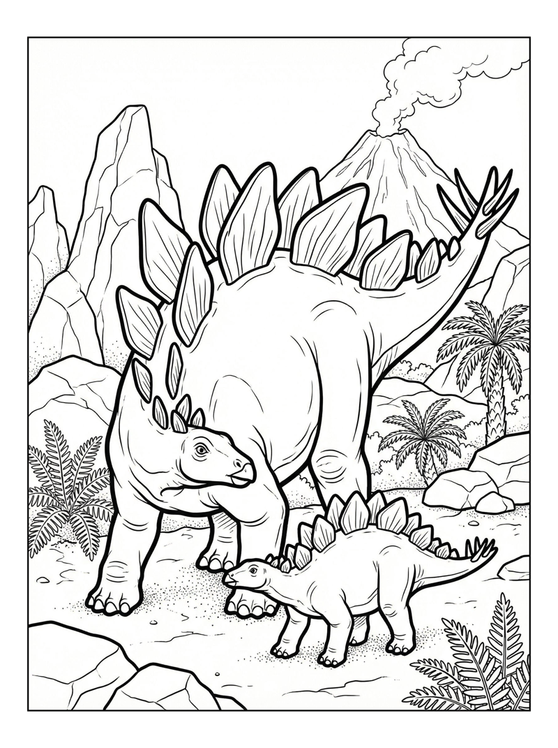 Stegosaurus Family Guarding Volcanic Landscape