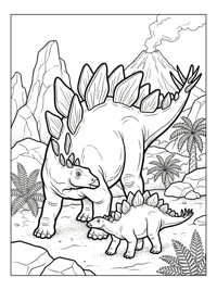 Stegosaurus Family Guarding Volcanic Landscape