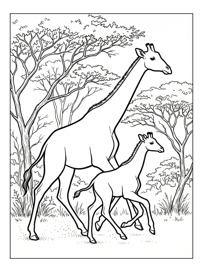 Giraffe Mother Calf Running Acacia Trees