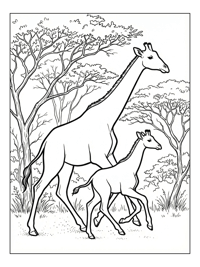 Giraffe Mother Calf Running Acacia Trees