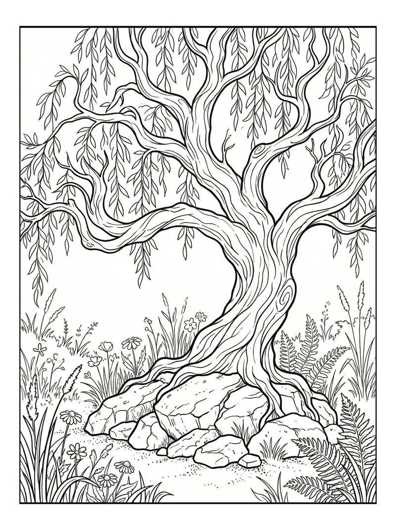 Gnarled Willow Tree With Wildflowers