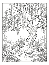 Gnarled Willow Tree With Wildflowers