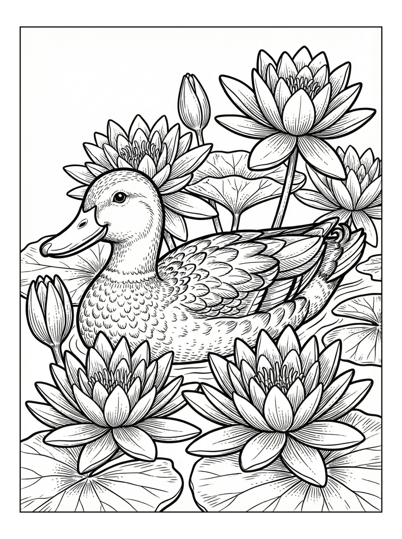 Mallard Duck Swims Among Water Lilies