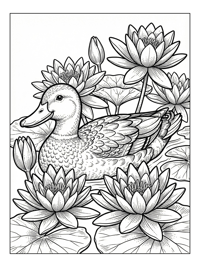 Mallard Duck Swims Among Water Lilies