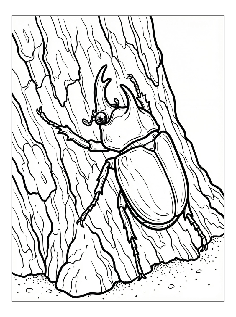 Rhinoceros Beetle Perching On Tree Bark