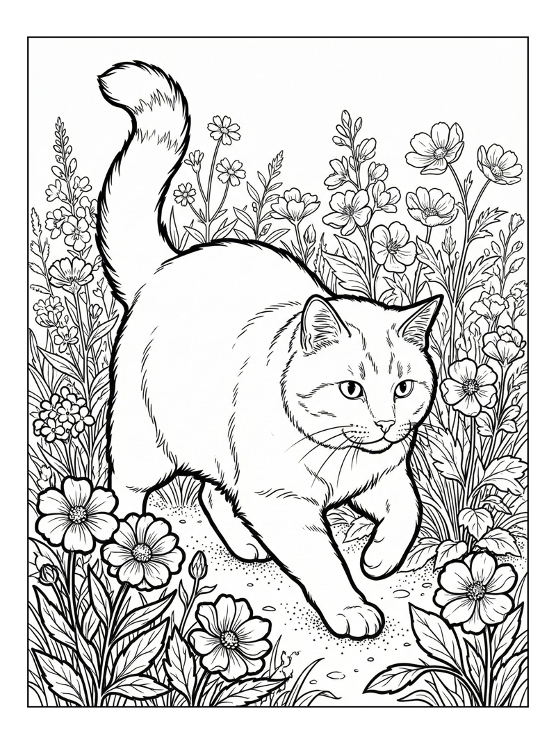 Ginger Cat Pouncing In Flower Bed