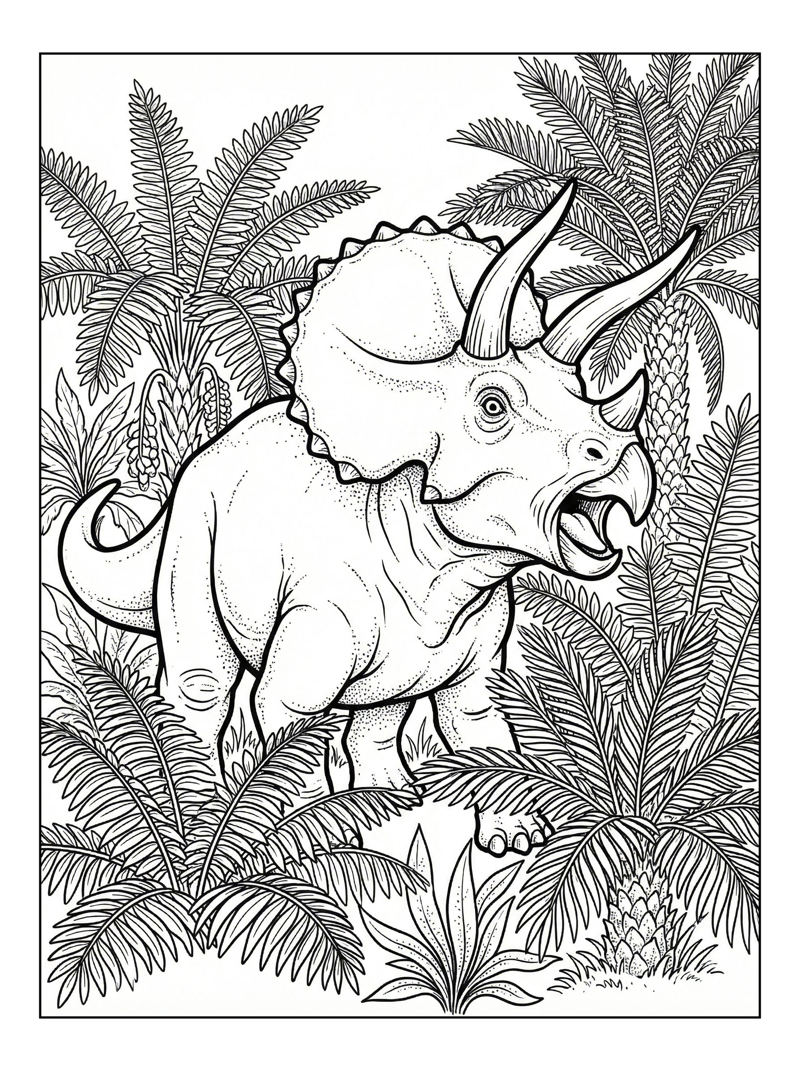 Triceratops Roaring Among Ferns