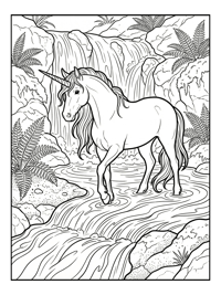 Unicorn Walking In Waterfall Pool