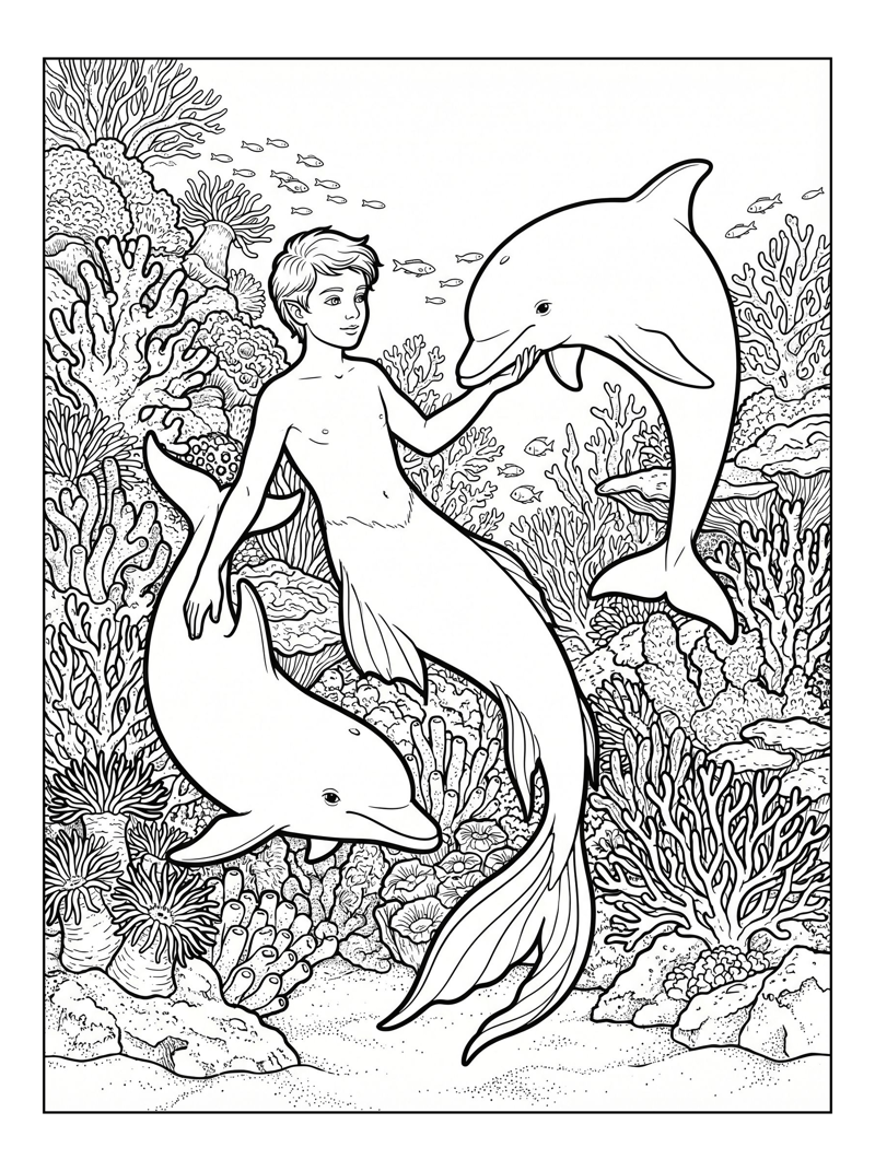 Merboy With Dolphins In Coral Reef