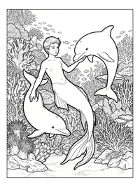 Merboy With Dolphins In Coral Reef