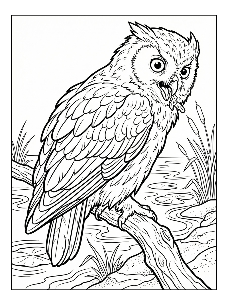 Alert Owl Pecking By Pond Branch
