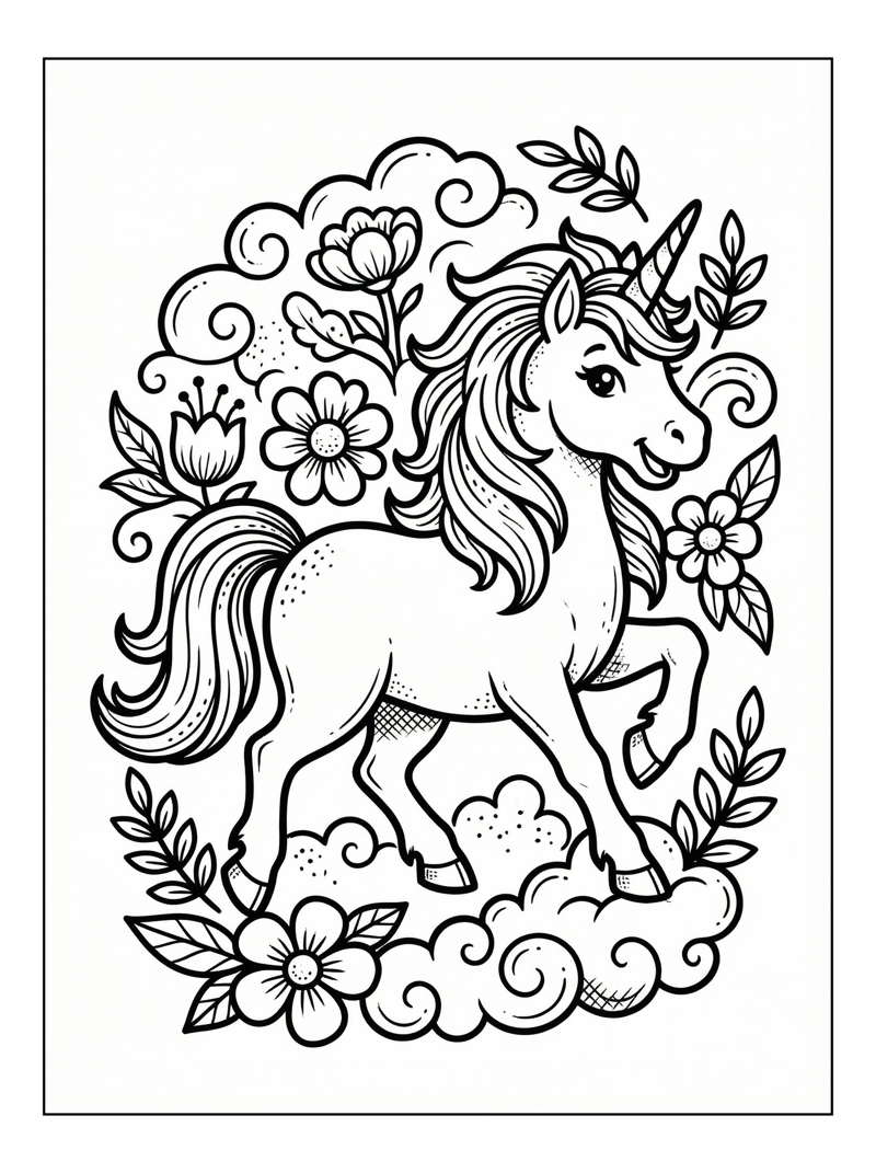 Unicorn Galloping Among Flowers Clouds