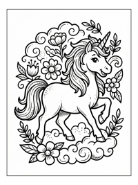 Unicorn Galloping Among Flowers Clouds