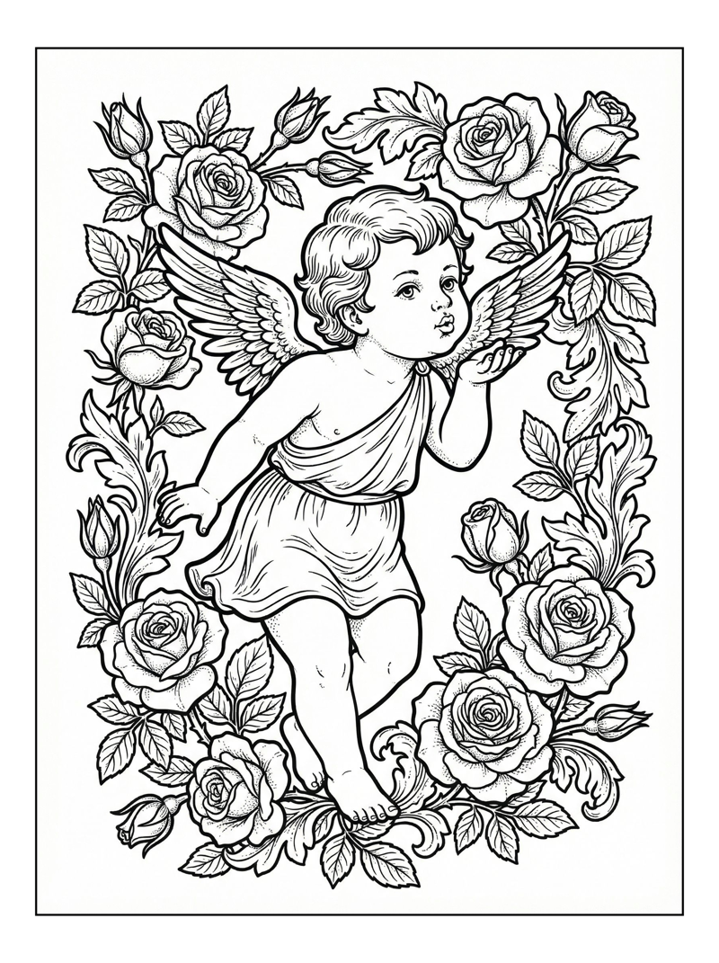 Baby Cupid Blowing Kiss Among Roses
