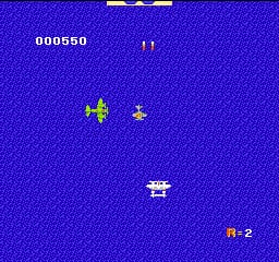 A blue vertically-scrolling shmup screen displays a player aircraft sprite in yellow-green at center, with two enemy aircraft above it in similar colors. The score reads 000550 in the upper left, while a lives counter showing 2 appears in the bottom right. A small cross symbol floats above the player ship. The background is solid bright blue with no visible terrain or parallax scrolling.