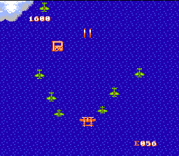 A top-down aerial combat scene displays a blue-tinted ocean background filled with a dense pattern of small waves. Multiple green enemy aircraft sprites scatter across the screen at various positions, while an orange player aircraft occupies the lower-center area. Two white vertical lines appear near the top-center, likely representing projectile fire. The HUD shows a score of 1680 in the upper-left corner and 1956 in the lower-right. Low-resolution sprite graphics typical of 8-bit NES hardware are visible throughout the composition.