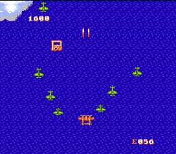 A blue ocean background fills the screen with a pixelated art style. At the top left, a score display reads "1080". A player-controlled aircraft sprite appears in the center, with multiple enemy aircraft sprites scattered across the screen at various positions. Two vertical lines flank the player ship. The bottom right corner displays "1:050", likely indicating time or remaining enemies. The composition shows a top-down scrolling shooter layout typical of 8-bit arcade ports.