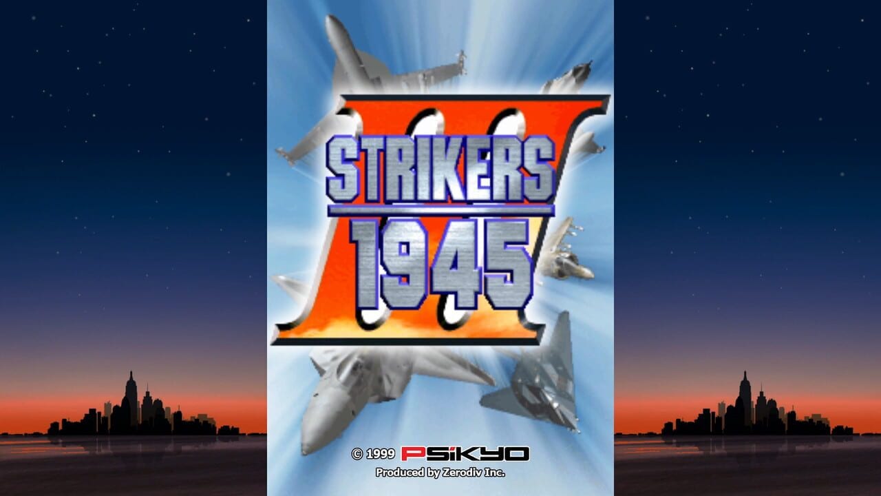 The title screen for Strikers 1945 displays the game logo in blue and white lettering centered on a red background, with multiple fighter jets positioned around it against a cloudy blue sky. A city skyline silhouette appears at the bottom left and right edges of the screen against an orange sunset. Copyright text reading '© 1999 PSIKYO' and 'Produced by Zerodiv Inc.' is visible at the lower center. The background features a starry night sky gradient transitioning to the sunset on the sides.