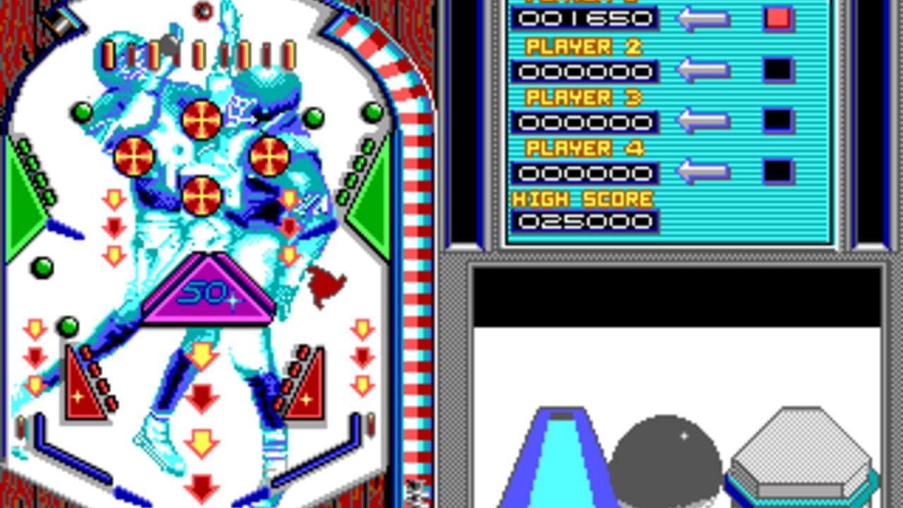 A split-screen pinball interface displays an active playfield on the left with a blue and cyan mechanical design, red cross-marked targets, yellow and red falling arrows, green spheres at corners, and a purple triangular bumper marked '50' at center. The right panel shows a cyan-colored score readout listing Player 1 through Player 4 with empty score fields, a high score of 025000, and player indicators with purple arrows. Below the score panel are three geometric shapes—a blue trapezoid, dark gray sphere, and light gray hexagon—rendered in 3D-style pixelated graphics against a white background.