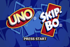 The title screen displays the UNO and Skip-Bo logos side-by-side against a blue background with faint card suit imagery. The UNO logo appears on the left in red, yellow, and black lettering, while the Skip-Bo logo occupies the right side in red and white. Below both logos, white text reads 'PRESS START' centered on the screen. The background features a darker blue repeating pattern suggesting playing cards.